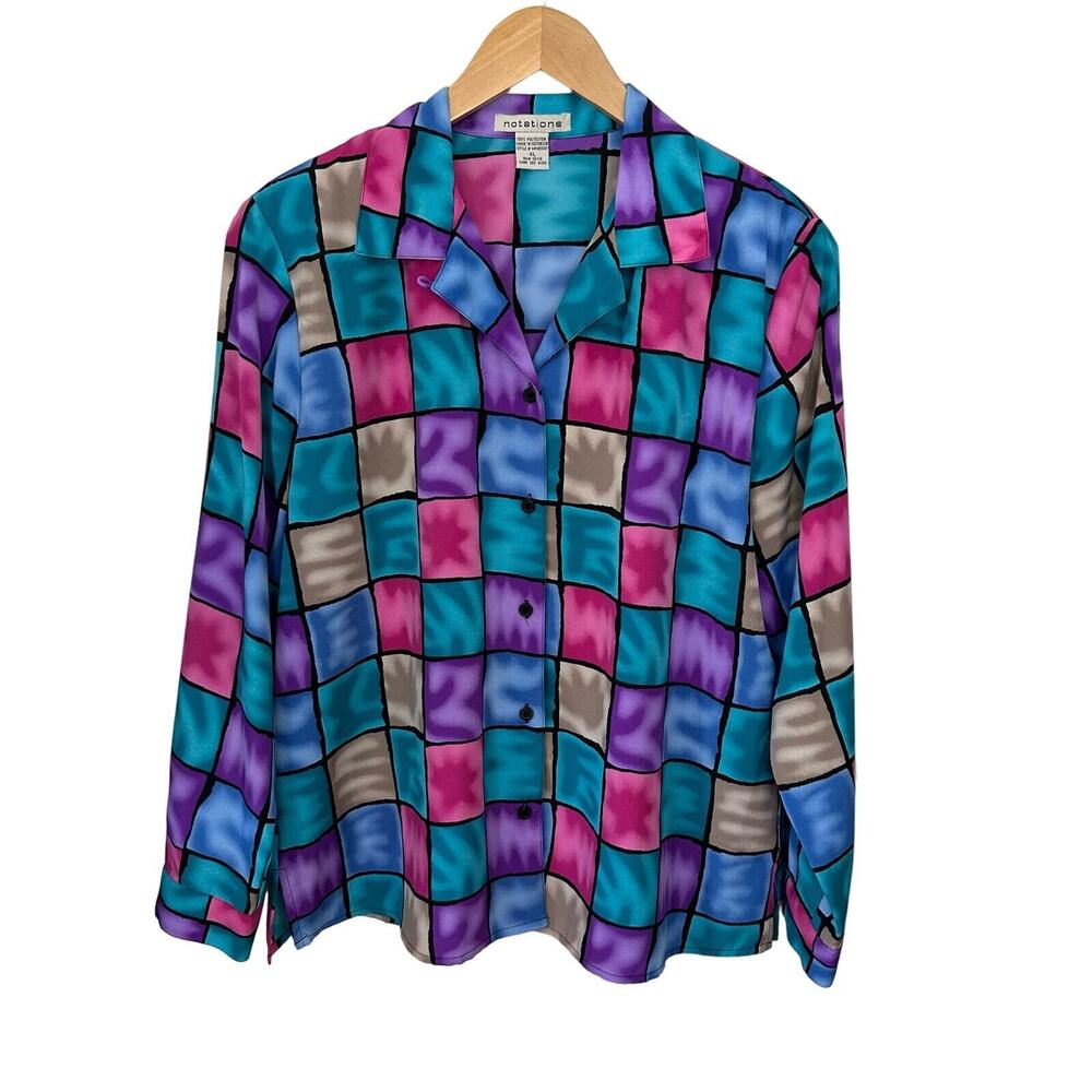 Vintage Jewel Tone Blouse Womens XL Stain Glass Print Artsy Vibrant Notations